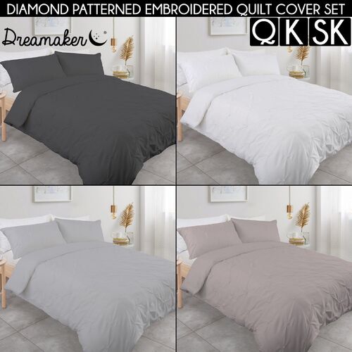 Dreamaker Spandex Emboridery Quilt Cover Set Pintuck Queen Bed Grey