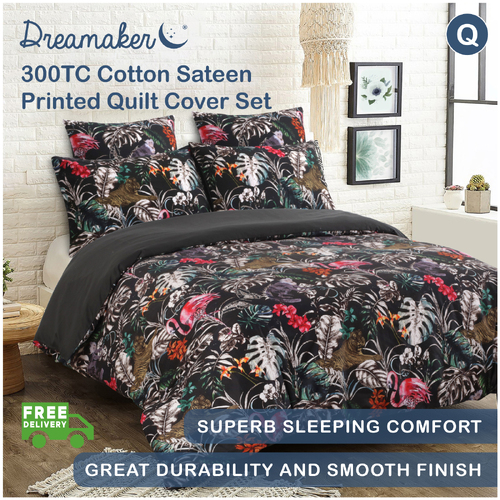 Dreamaker 300Tc Cotton Sateen Printed Quilt Cover Set Dark Jungle Queen Bed