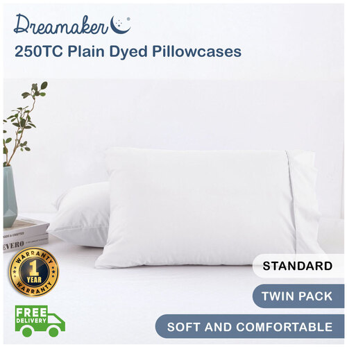 Dreamaker 250Tc Plain Dyed Standard Pillowcases - Twin Pack - 48X73Cm White