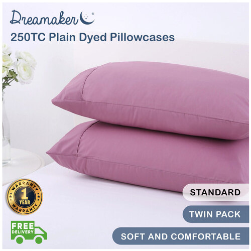 Dreamaker 250Tc Plain Dyed Standard Pillowcases Twin Pack Purple