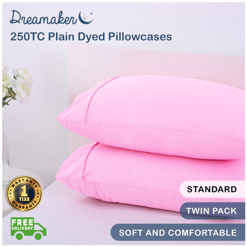 Dreamaker 250TC Plain Dyed Standard Pillowcases Twin Pack Pink - 48x73cm