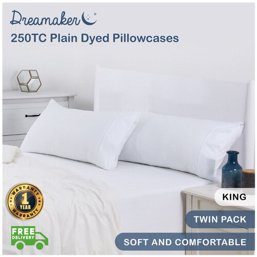 Dreamaker 250Tc Plain Dyed King Size Pillowcases - Twin Pack - 90X50Cm White