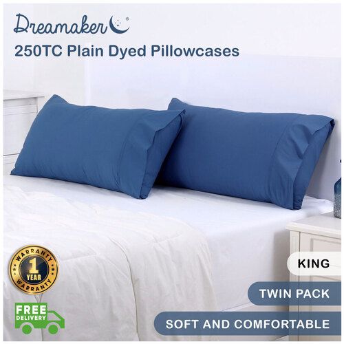 Dreamaker 250Tc Plain Dyed King Size Pillowcases - Twin Pack - 90X50Cm Blue