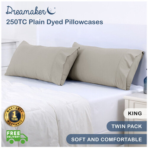 Dreamaker 250Tc Plain Dyed King Size Pillowcases - Twin Pack - 90X50Cm Stone