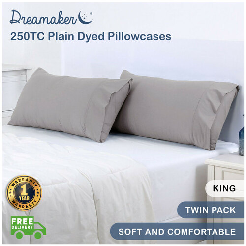 Dreamaker 250Tc Plain Dyed King Size Pillowcases - Twin Pack - 90X50Cm Oyster