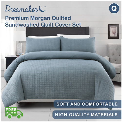 Dreamaker Premium Morgan Quilted Sandwashed Quilt Cover Set - Queen Bed