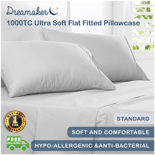 Dreamaker 1000Tc Ultra Soft Flat Fitted Pillowcase Microfibre  Platinum