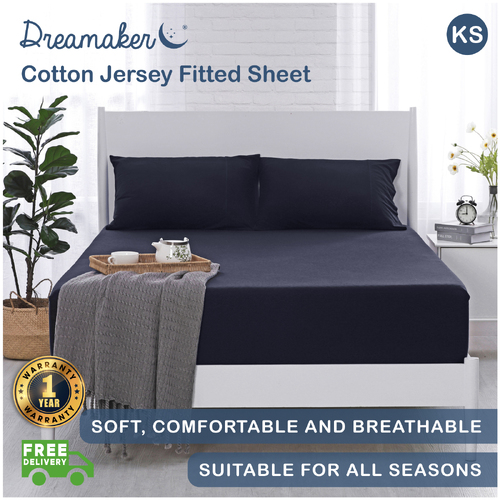 Dreamaker Cotton Jersey Fitted Sheet Navy - King Single Bed