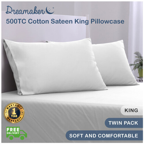 Dreamaker 500Tc Cotton Sateen Standard Pillowcase Twin Pack White
