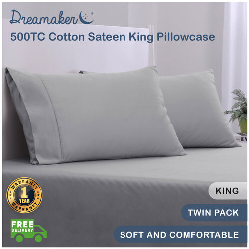 Dreamaker 500Tc Cotton Sateen King Pillowcase Twin Pack Platinum