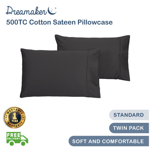 Dreamaker 500Tc Cotton Sateen Standard Pillowcase Twin Pack Charcoal