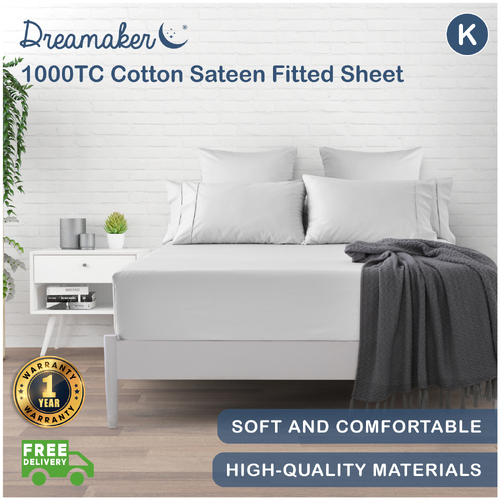 Dreamaker 1000Tc Cotton Sateen Fitted Sheet White King Bed