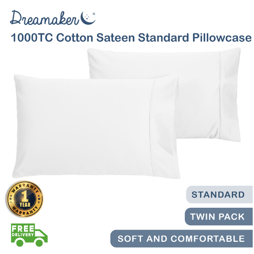 Dreamaker 1000Tc Cotton Sateen Standard Pillowcase Twin Pack White
