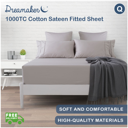 Dreamaker 1000Tc Cotton Sateen Fitted Sheet Oyster Queen Bed