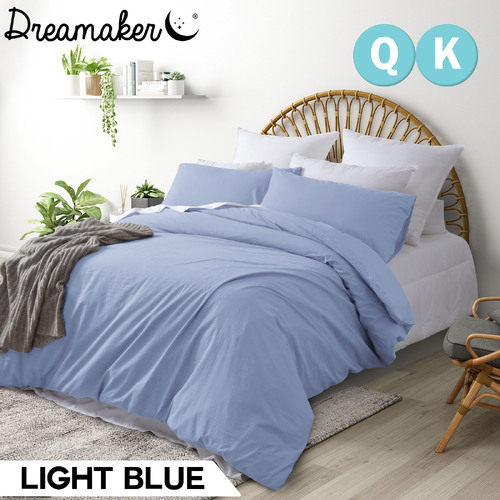 Dreamaker 250Tc Washed Cotton Quilt Cover Set Light Blue Queen Bed