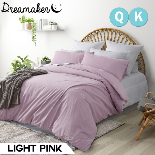 Dreamaker 250Tc Washed Cotton Quilt Cover Set Light Pink King Bed