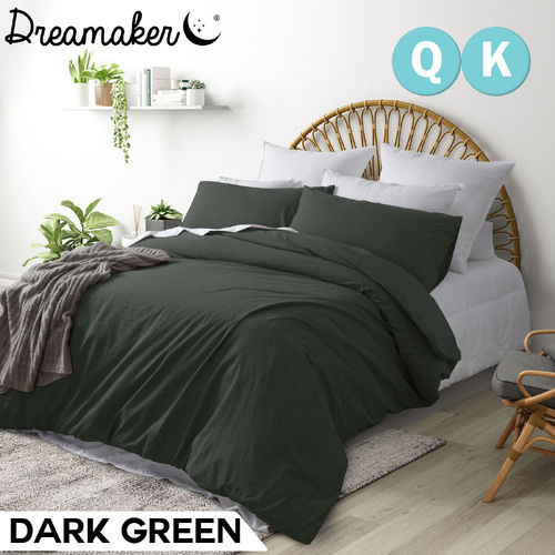 Dreamaker 250Tc Washed Cotton Quilt Cover Set Dark Green Queen Bed